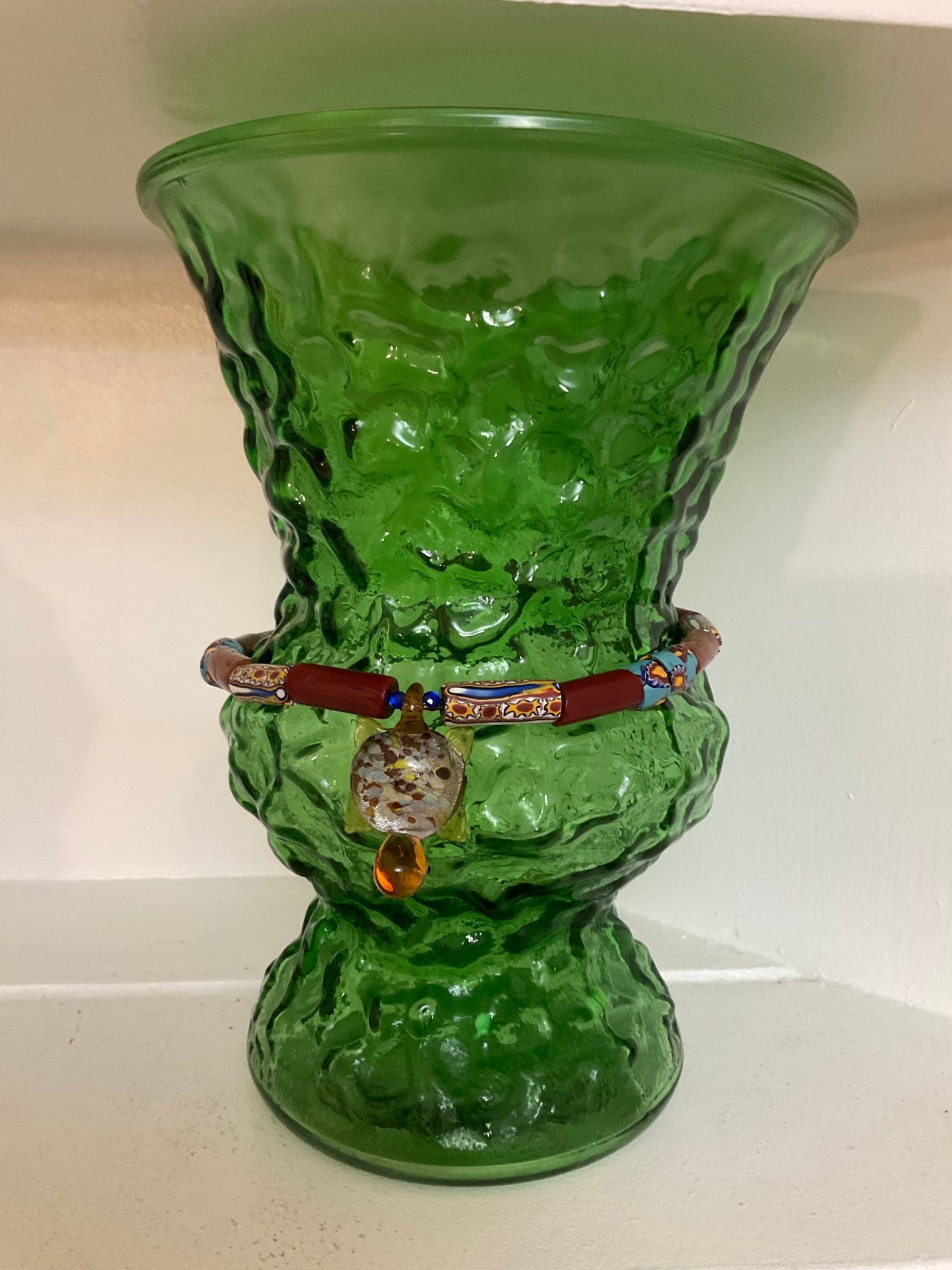 Vases with Personality Ms. Alida | Green Vase with Glass Turtle & Clay Bead Accents, Honoring Influential Women