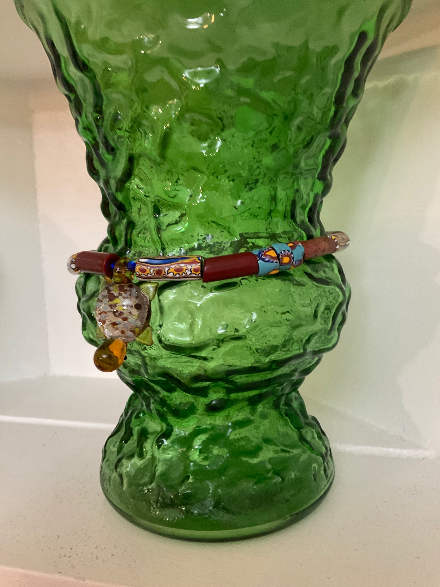 Vases with Personality Ms. Alida | Green Vase with Glass Turtle & Clay Bead Accents, Honoring Influential Women