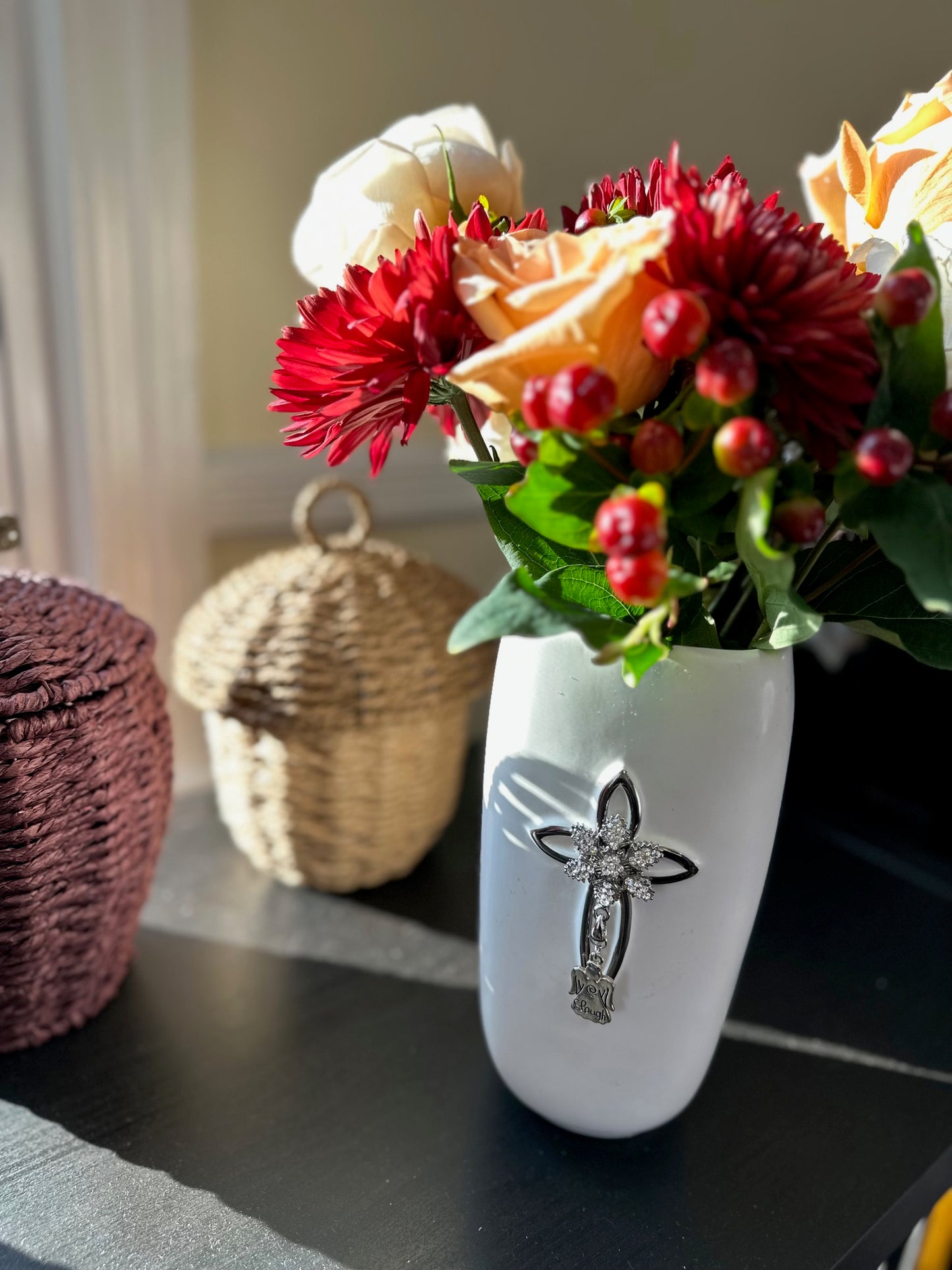 Vases with Personality Ms. Kay | Ceramic Vase with Cross, Crystal Snowflake & Angel Charm, Honoring Influential Women