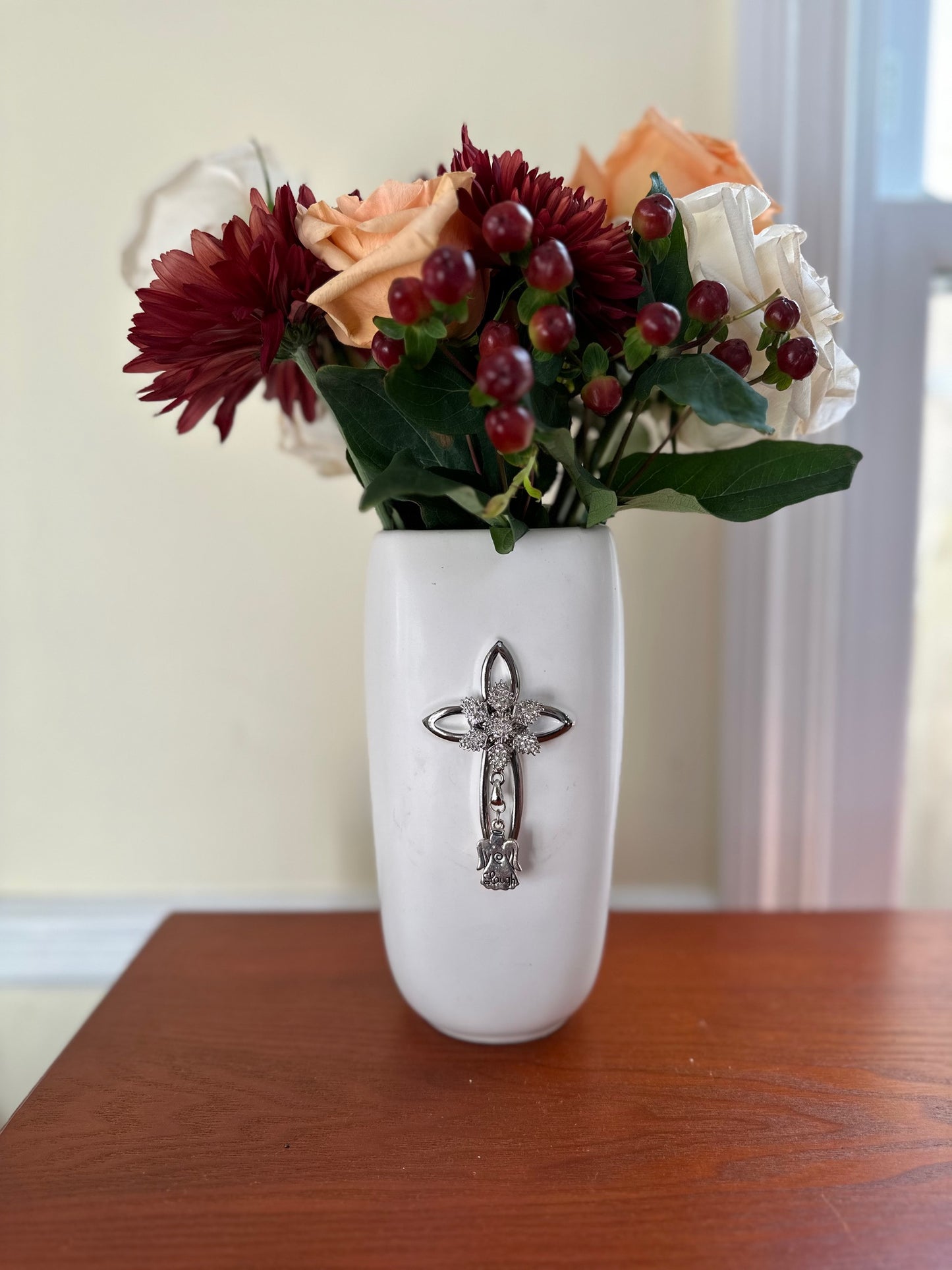 Vases with Personality Ms. Kay | Ceramic Vase with Cross, Crystal Snowflake & Angel Charm, Honoring Influential Women