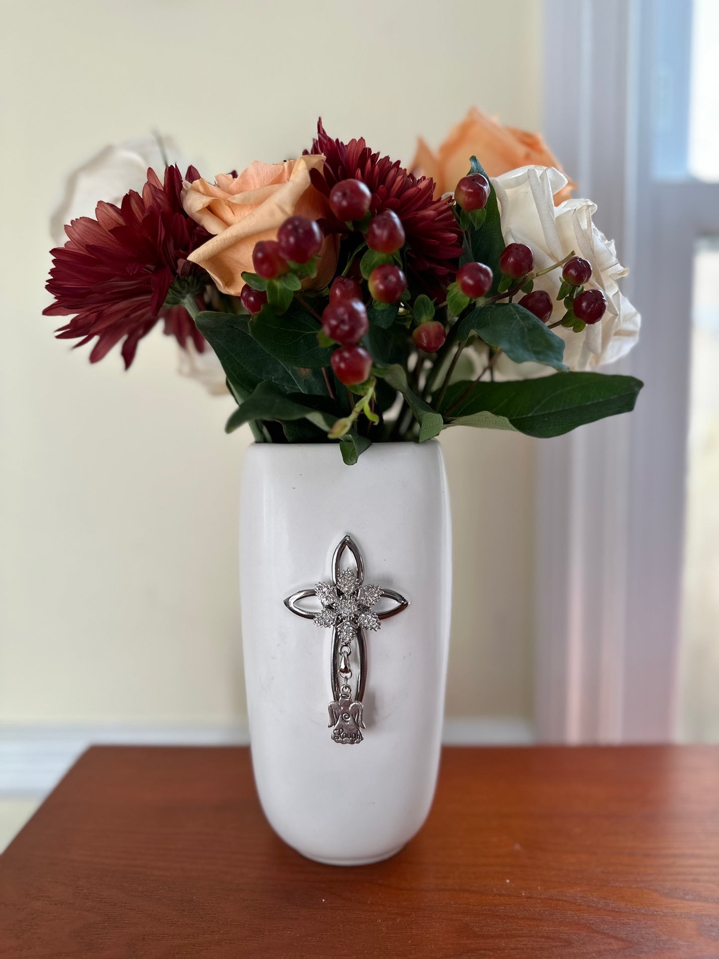 Vases with Personality Ms. Kay | Ceramic Vase with Cross, Crystal Snowflake & Angel Charm, Honoring Influential Women